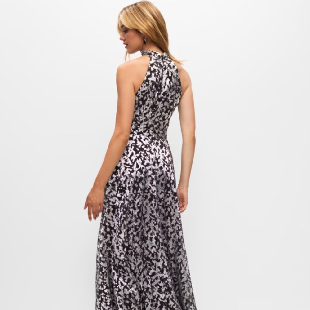 Melanie Lyne NWT Metallic Printed High Slit Gown Size 2 - Picture 4 of 7